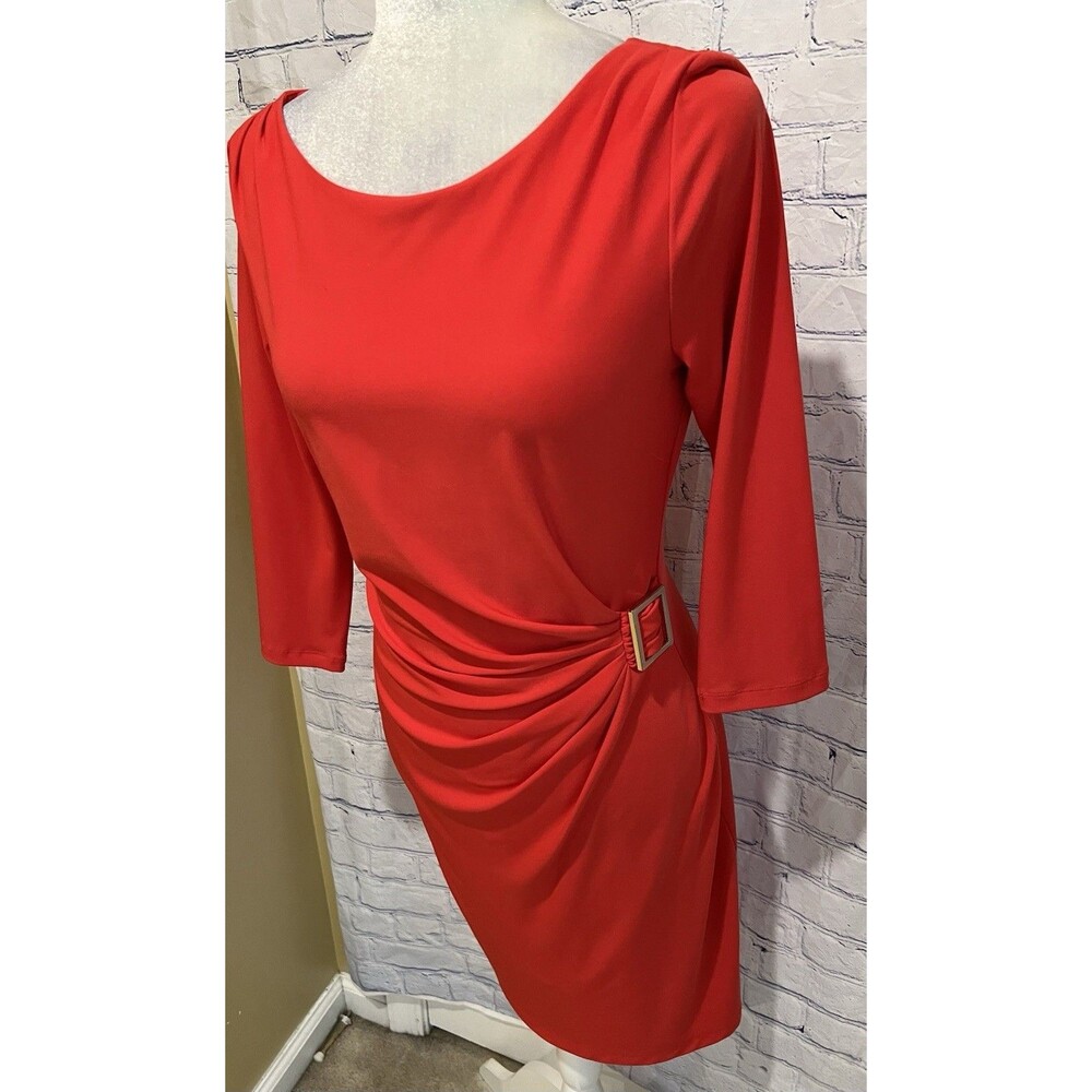 Tahari ASL Levine Orange 3/4 Sleeve Ruched Side Buckle Dress Career Office 6 - Picture 2 of 7